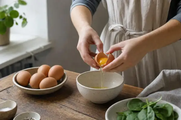 Mani che rompono un uovo in una ciotola, con altre uova in un piatto. Quante uova a settimana per una dieta sana?