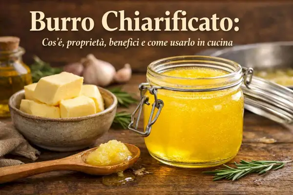 Burro chiarificato: cos'è, proprietà e benefici. Cubetti di burro in una ciotola, un vasetto di burro chiarificato dorato e una spiga di rosmarino su un tavolo di legno.